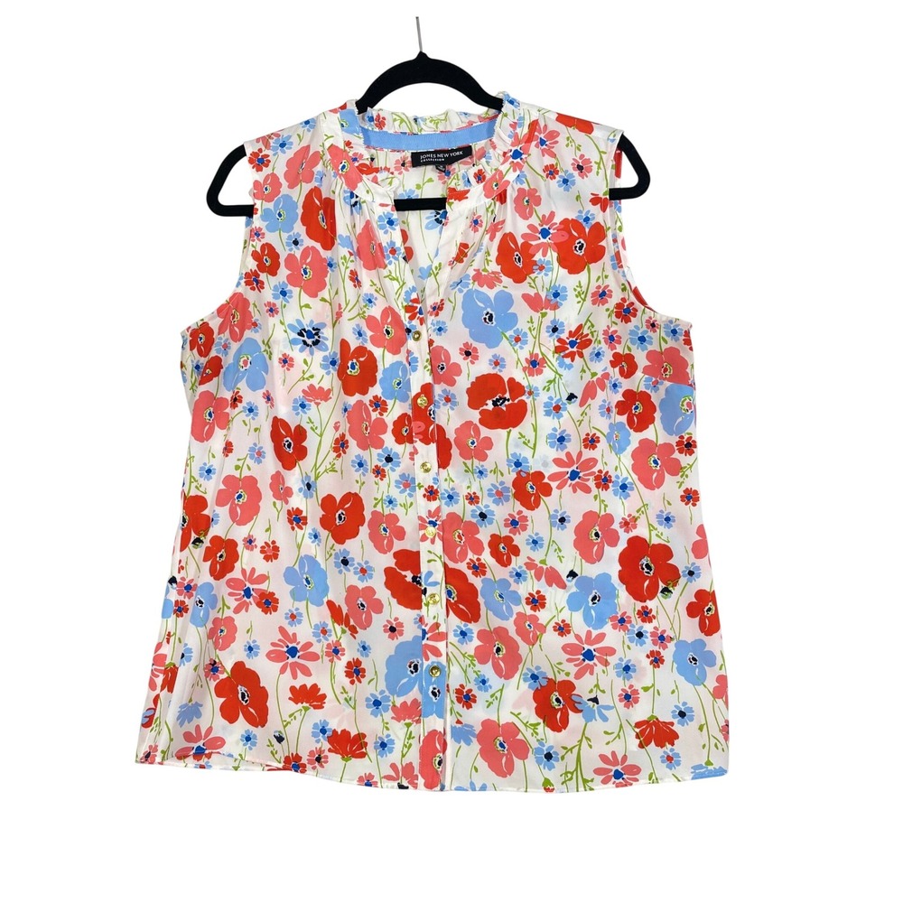 Jones New York Collection Women Top Size 10 Floral Sleeveless Button Up‎ White